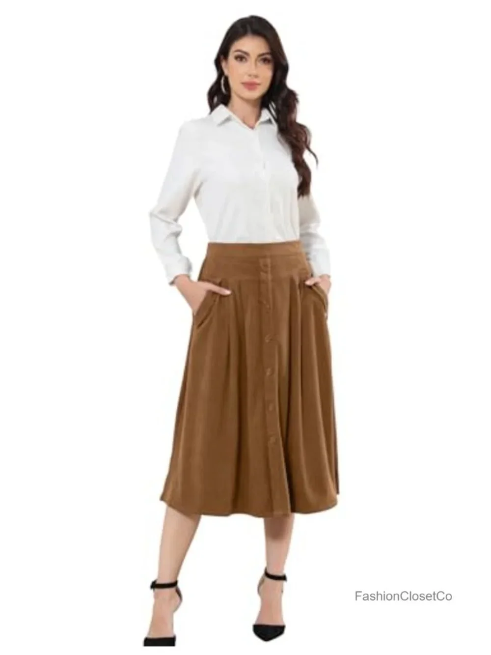 Women's Vintage Corduroy High Waist Button Midi Skirt A-Line Pleated with
